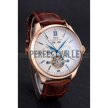 IWC Portofino Tourbillon White Dial Blue Markings Rose Gold Case Brown Leather Strap