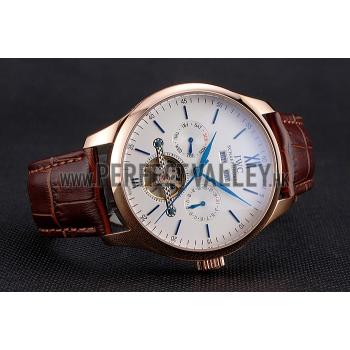 IWC Portofino Tourbillon White Dial Blue Markings Rose Gold Case Brown Leather Strap