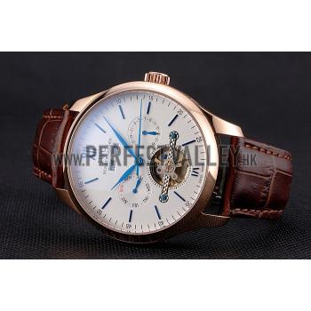 IWC Portofino Tourbillon White Dial Blue Markings Rose Gold Case Brown Leather Strap