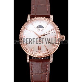 IWC Portofino Moon Phase Silver Dial Rose Gold Case Diamonds Bezel Brown Leather Strap