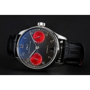 Swiss IWC Portuguese Grey Dial Red Subdials Silver Case Black Leather Bracelet 1453905