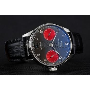 Swiss IWC Portuguese Grey Dial Red Subdials Silver Case Black Leather Bracelet 1453905