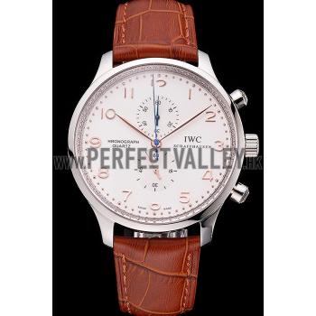 IWC Portugieser Chronograph White Dial Rose Gold Hands And Numerals Stainless Steel Case Brown Leather Strap Replica