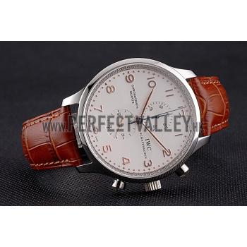 IWC Portugieser Chronograph White Dial Rose Gold Hands And Numerals Stainless Steel Case Brown Leather Strap Replica