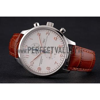 IWC Portugieser Chronograph White Dial Rose Gold Hands And Numerals Stainless Steel Case Brown Leather Strap Replica