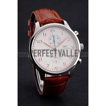 IWC Portugieser Chronograph White Dial Rose Gold Hands And Numerals Stainless Steel Case Brown Leather Strap Replica