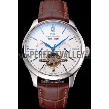 IWC Portofino Tourbillon White Dial Blue Markings Stainless Steel Case Brown Leather Strap