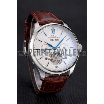 IWC Portofino Tourbillon White Dial Blue Markings Stainless Steel Case Brown Leather Strap