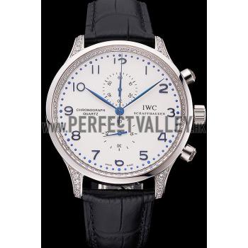 IWC Portugieser Chronograph White Dial Blue Hands And Numerals Steel Case With Diamonds Black Leather Strap