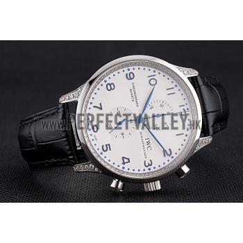 IWC Portugieser Chronograph White Dial Blue Hands And Numerals Steel Case With Diamonds Black Leather Strap