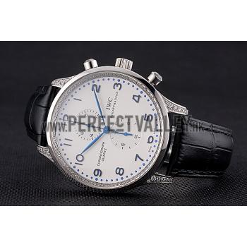 IWC Portugieser Chronograph White Dial Blue Hands And Numerals Steel Case With Diamonds Black Leather Strap