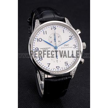 IWC Portugieser Chronograph White Dial Blue Hands And Numerals Steel Case With Diamonds Black Leather Strap