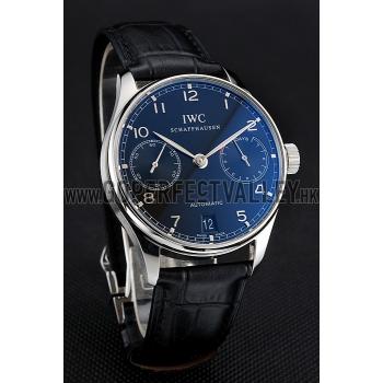 Swiss IWC Portuguese Black Dial Silver Case Black Leather Bracelet 1453903