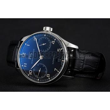 Swiss IWC Portuguese Black Dial Silver Case Black Leather Bracelet 1453903