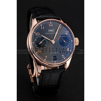 Swiss IWC Portuguese Dark Grey Dial Gold Case Black Leather Bracelet 1453917