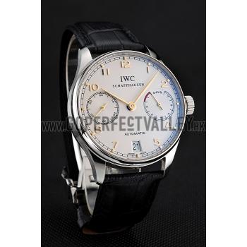 Swiss IWC Portuguese White Dial Gold Numerals Silver Case Black Leather Bracelet 1453908