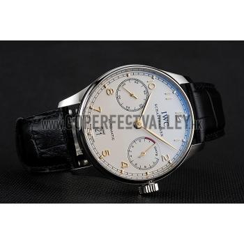 Swiss IWC Portuguese White Dial Gold Numerals Silver Case Black Leather Bracelet 1453908