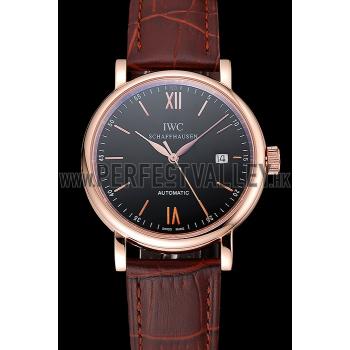 Swiss IWC Portofino Gold Case Black Dial Brown Leather Bracelet  622669