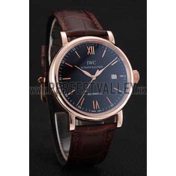 Swiss IWC Portofino Gold Case Black Dial Brown Leather Bracelet  622669