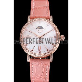 IWC Portofino Moon Phase Silver Dial Rose Gold Case Diamonds Bezel Pink Leather Strap