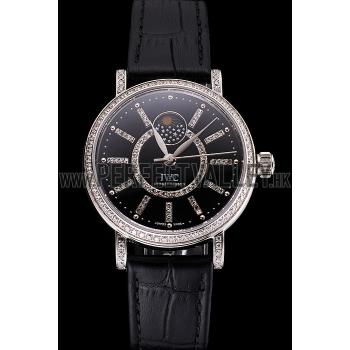 Cheap IWC Portofino Moon Phase Black Dial With Diamonds Stainless Steel Case Diamonds Bezel Black Leather Strap