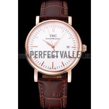 Swiss IWC Portofino Gold Case White Dial Brown Leather Bracelet  622668