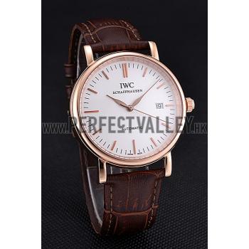 Swiss IWC Portofino Gold Case White Dial Brown Leather Bracelet  622668