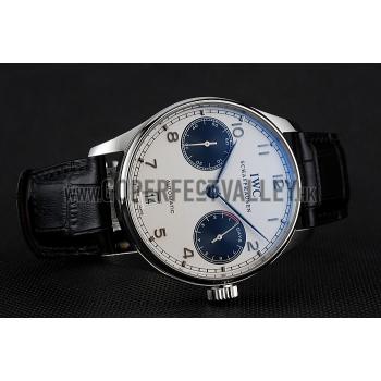 Swiss IWC Portuguese White Dial Black Subdials Silver Case Black Leather Bracelet 1453911