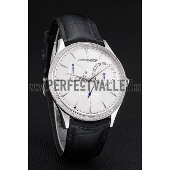 Swiss Jaeger LeCoultre Master Ultra Thin Reserve De Marche White Dial Diamond Bezel Stainless Steel Case Black Leather Strap Replica