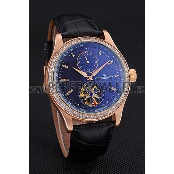 Jaeger-LeCoultre Master Tourbillon Dualtime Black Dial Gold Case With Diamonds Brown Leather Strap  622783 Replica