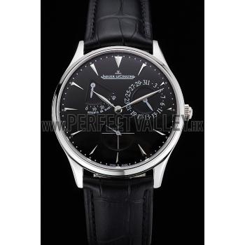 Swiss Jaeger LeCoultre Master Ultra Thin Reserve De Marche Black Dial Stainless Steel Case Black Leather Strap