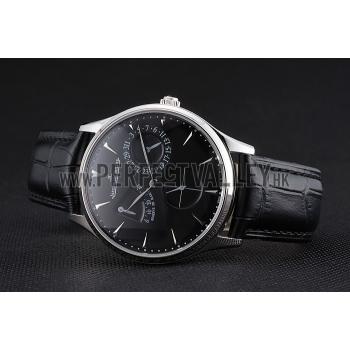 Swiss Jaeger LeCoultre Master Ultra Thin Reserve De Marche Black Dial Stainless Steel Case Black Leather Strap