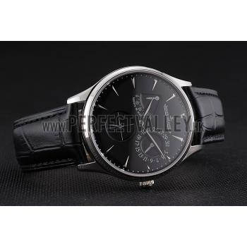 Swiss Jaeger LeCoultre Master Ultra Thin Reserve De Marche Black Dial Stainless Steel Case Black Leather Strap