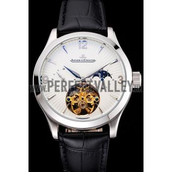 Replica Jaeger LeCoultre Master Moonphase Tourbillon White Dial Stainless Steel Case Black Leather Strap