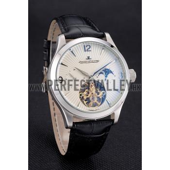 Replica Jaeger LeCoultre Master Moonphase Tourbillon White Dial Stainless Steel Case Black Leather Strap