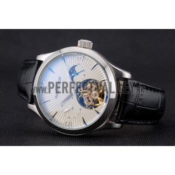 Replica Jaeger LeCoultre Master Moonphase Tourbillon White Dial Stainless Steel Case Black Leather Strap