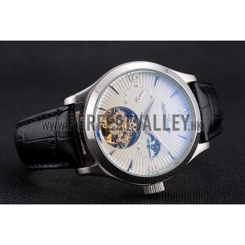 Replica Jaeger LeCoultre Master Moonphase Tourbillon White Dial Stainless Steel Case Black Leather Strap