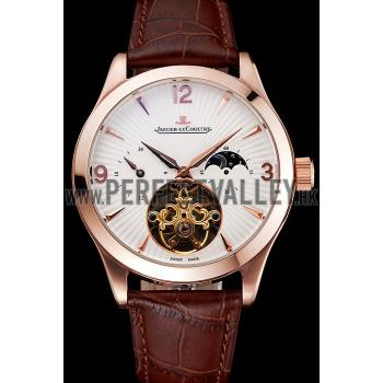 Jaeger LeCoultre Master Moonphase Tourbillon White Dial Rose Gold Case Brown Leather Strap