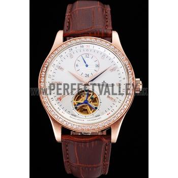 Replica Jaeger-LeCoultre Master Tourbillon Dualtime White Dial Gold Case With Diamonds Brown Leather Strap  622782