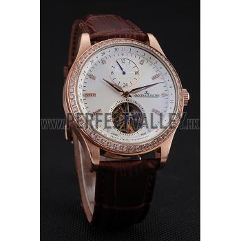 Replica Jaeger-LeCoultre Master Tourbillon Dualtime White Dial Gold Case With Diamonds Brown Leather Strap  622782