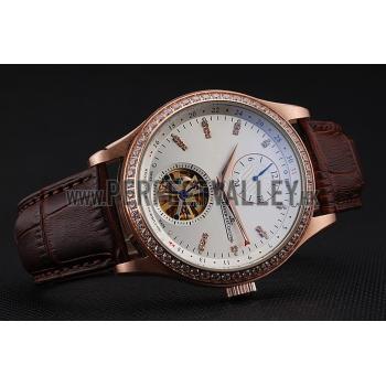 Replica Jaeger-LeCoultre Master Tourbillon Dualtime White Dial Gold Case With Diamonds Brown Leather Strap  622782