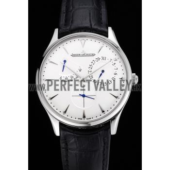 Swiss Jaeger LeCoultre Master Ultra Thin Reserve De Marche White Dial Stainless Steel Case Black Leather Strap Replica