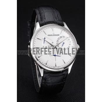 Swiss Jaeger LeCoultre Master Ultra Thin Reserve De Marche White Dial Stainless Steel Case Black Leather Strap Replica