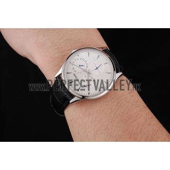 Swiss Jaeger LeCoultre Master Ultra Thin Reserve De Marche White Dial Stainless Steel Case Black Leather Strap Replica