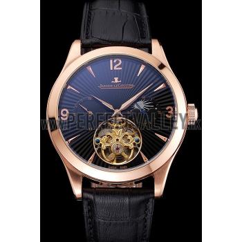 Cheap Jaeger LeCoultre Master Moonphase Tourbillon Black Dial Rose Gold Case Black Leather Strap