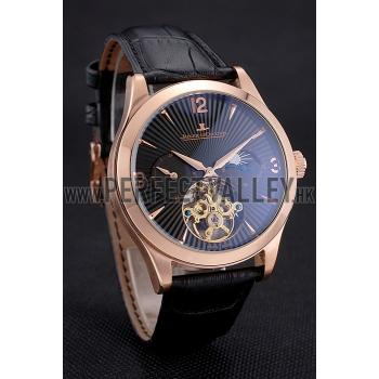 Cheap Jaeger LeCoultre Master Moonphase Tourbillon Black Dial Rose Gold Case Black Leather Strap