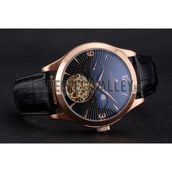 Cheap Jaeger LeCoultre Master Moonphase Tourbillon Black Dial Rose Gold Case Black Leather Strap