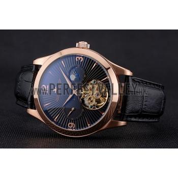 Cheap Jaeger LeCoultre Master Moonphase Tourbillon Black Dial Rose Gold Case Black Leather Strap