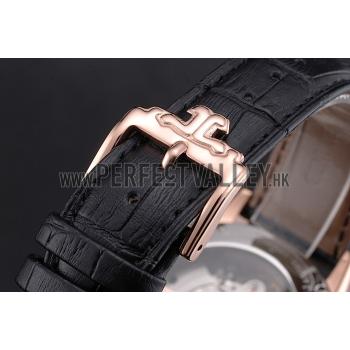 Cheap Jaeger LeCoultre Master Moonphase Tourbillon Black Dial Rose Gold Case Black Leather Strap