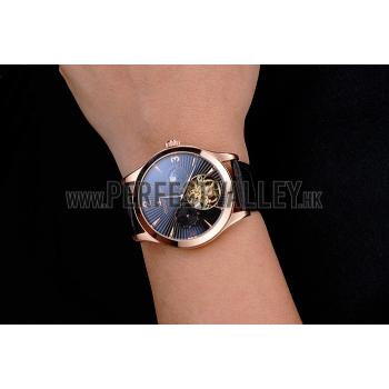 Cheap Jaeger LeCoultre Master Moonphase Tourbillon Black Dial Rose Gold Case Black Leather Strap